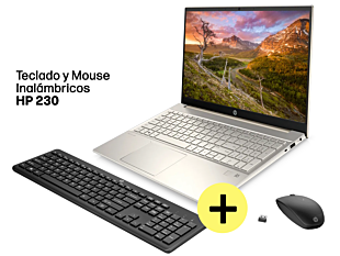 Portátil HP Pavilion 15-eh1021la, AMD Ryzen 7, 16 GB RAM, 512 GB SSD, 15.6, FHD Windows 10 Home + Combo HP 230 Teclado + Mouse Inalámbrico - 15.6" - Cubierta de aluminio en oro cálido, base y marco del teclado de aluminio en oro luminoso (43R78LA)