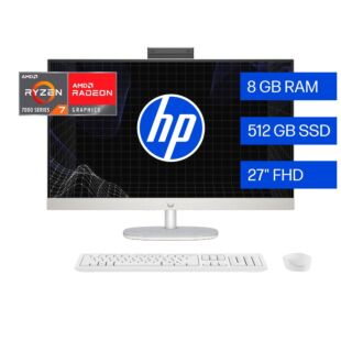 Todo-en-Uno HP 27-cr0004la PC, Windows 11 Home Single Language en modo S, 27", AMD Ryzen™ 7, 8GB RAM, 512GB Unidad de estado sólido, FHD - 27-inch (68.58 cm) - Blanco nácar (8B2S4LA)