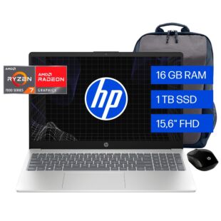 Portátil HP 15-fc0030la, AMD Ryzen 7, 16 GB RAM, 1 TB SSD, 15.6" FHD, Windows 11 Home + Mochila HP Travel + Mouse HP 200 - 15.6" - Plateado natural (B12SSLA)