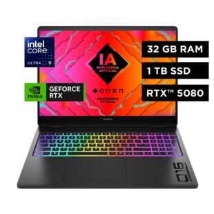 Portátil HP Gaming OMEN  16-ah0003la, Intel Core Ultra 9, 32 GB RAM, NVIDIA GeForce RTX 5080, 1 TB SSD, 16" 2.5K 240 Hz, Windows 11 Home - 16" - Aluminio de color negro sombra en la tapa, la base y la barra de luces, RGB en el marco del teclado, logotipo 