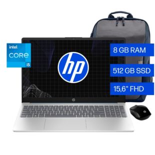 Portátil HP 15-fd0253la, Intel Core i5, 8 GB RAM, 512 GB SSD, 15.6" FHD, Windows 11 Home + Mochila HP Prelude + Mouse HP 200 - 15.6" - Cubierta azul claro de luna, base y marco de teclado en plata natural (B9TX0LA)