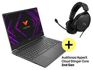 Portátil HP Gaming VICTUS 15-fa2009la, Intel Core i5, 8 GB RAM, NVIDIA® GeForce RTX™ 3050, 512 GB SSD, 15.6" FHD, Windows 11 Home + Audifonos HyperX Cloud Stinger Core 2nd Gen - 15.6" - Plata mica, logotipo cromado negro (BA1U1LA)