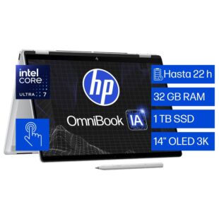 Portátil HP OmniBook X Flip AI 14-fm0074la, Intel Core Ultra 7, 32 GB RAM, 1 TB SSD, 14" Táctil 3K 120Hz, Windows 11 Home - 14" - Aluminio de color plata glaciar (BM2M4LA)