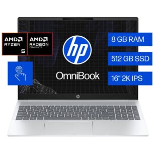Portátil HP OmniBook 5 16-bc1052la, 16", Pantalla táctil, AMD Ryzen™ 5, 8GB RAM, 512GB SSD, 2K, Plata glaciar, Windows 11 Home. - 16" - Aluminio de color plata glaciar (BM2N1LA)