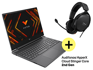 Portátil HP Gaming Victus 15-fb3020la, AMD Ryzen 7, 16 GB RAM, NVIDIA GeForce RTX 3050, 512 GB SSD, 15.6" FHD 144 Hz, Windows 11 Home + Audifonos HyperX Cloud Stinger Core 2nd Gen - 15.6" - Plata mica, logotipo cromado negro (BT4F7LA)