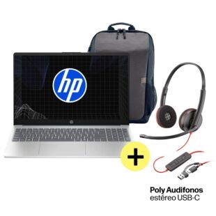 Portátil HP 15-fd0235la, Intel® Core™ i3 N-series, 8 GB RAM, 512 GB SSD, 15.6" FHD, Windows 11 Home + HP Poly Audifonos estéreo USB-C - 15.6" - Cubierta azul claro de luna, base y marco de teclado en plata natural (B9TT1LA)