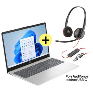 Portátil HP 15-fc0260la, AMD Ryzen 5, 1 TB SSD, 15.6, FHD Windows 11 Home + HP Poly Audifonos estéreo USB-C - 15.6" - Cubierta dorada cálida, base y marco de teclado en plata natural (BC4T4LA)