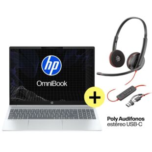 Portátil HP OmniBook 5 16-bc1052la, 16", Pantalla táctil, AMD Ryzen™ 5, 8GB RAM, 512GB SSD, 2K, Plata glaciar, Windows 11 Home.+ HP Poly Audifonos estéreo USB-C - 16" - Aluminio de color plata glaciar (BM2N1LA)