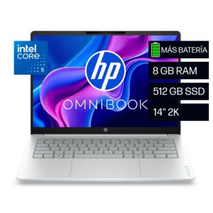 Portátil HP OmniBook 3 14-hu0050la, Intel Core 5, 8 GB RAM, 512 GB SSD, 14" 2K, Windows 11 Home - 14" - Cubierta y marco del teclado color glacier silver con base de lona gris (D4EU0LA)