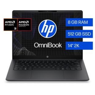 Portátil HP OmniBook 3 14-hy0030la, AMD Ryzen 3, 8 GB RAM, 512 GB SSD, 14" 2K, Windows 11 Home - 14" - Cubierta y marco del teclado color mica silver, y base en color iron gray (D6ZG1LA)