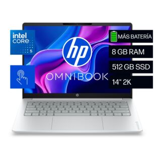 Portátil HP OmniBook 3 14-hu0052la, Intel Core 5, 8 GB RAM, 512 GB SSD, 14" Táctil 2K, Windows 11 Home - 14" - Cubierta y marco del teclado color glacier silver con base de lona gris (D70RTLA)