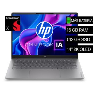 Portátil HP OmniBook 3 AI 14-hz0051la, Snapdragon X, 16 GB RAM, 512 GB SSD, 14" OLED 2K, Windows 11 Home - 14" - Cubierta y marco de teclado plateados Nouvelle, base plateada moderna (D8DA8LA)
