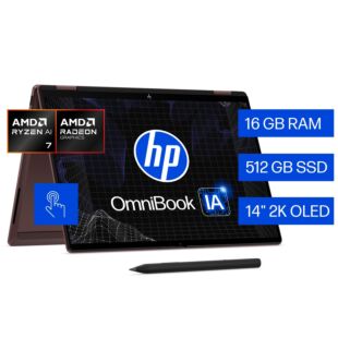 Portátil HP OmniBook X 14-kc0070la, AMD Ryzen AI 7, 16 GB RAM, 512 GB SSD, 14" Táctil 2K OLED, Windows 11 Home - 14" - Aluminio espresso profundo (DG0D3LA)
