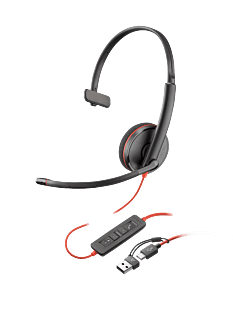 HP Poly Auriculares monoaurales USB-C Blackwire 3210 + adaptador USB-C/A (a granel) (8X214A6)