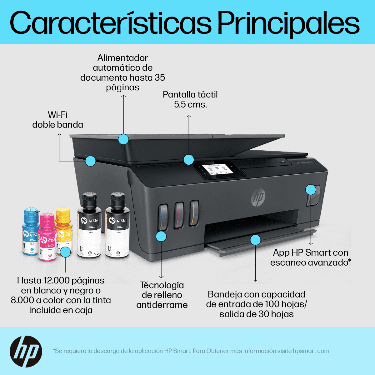 Impresora Multifuncional HP Smart Tank 530, Tinta Continua Color, Wi-Fi, Smart, App ADF, Alimentador Automático (4SB24A)