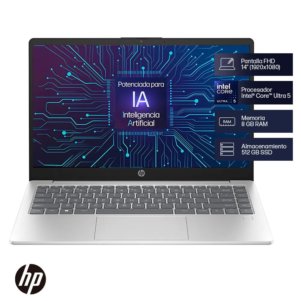 Portátil HP 14-ep1001la, Windows 11 Home Single Language, 14", Intel® Core™ Ultra 5, 8GB RAM, 512GB SSD, FHD - 14" - Plateado natural (A38P2LA)