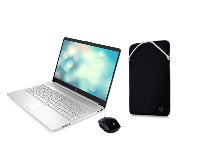 Portátil HP 15-ef2524la + Mouse Inalámbrico HP 200 Negro + Funda de Protección Reversible HP Negro/Plateado 14