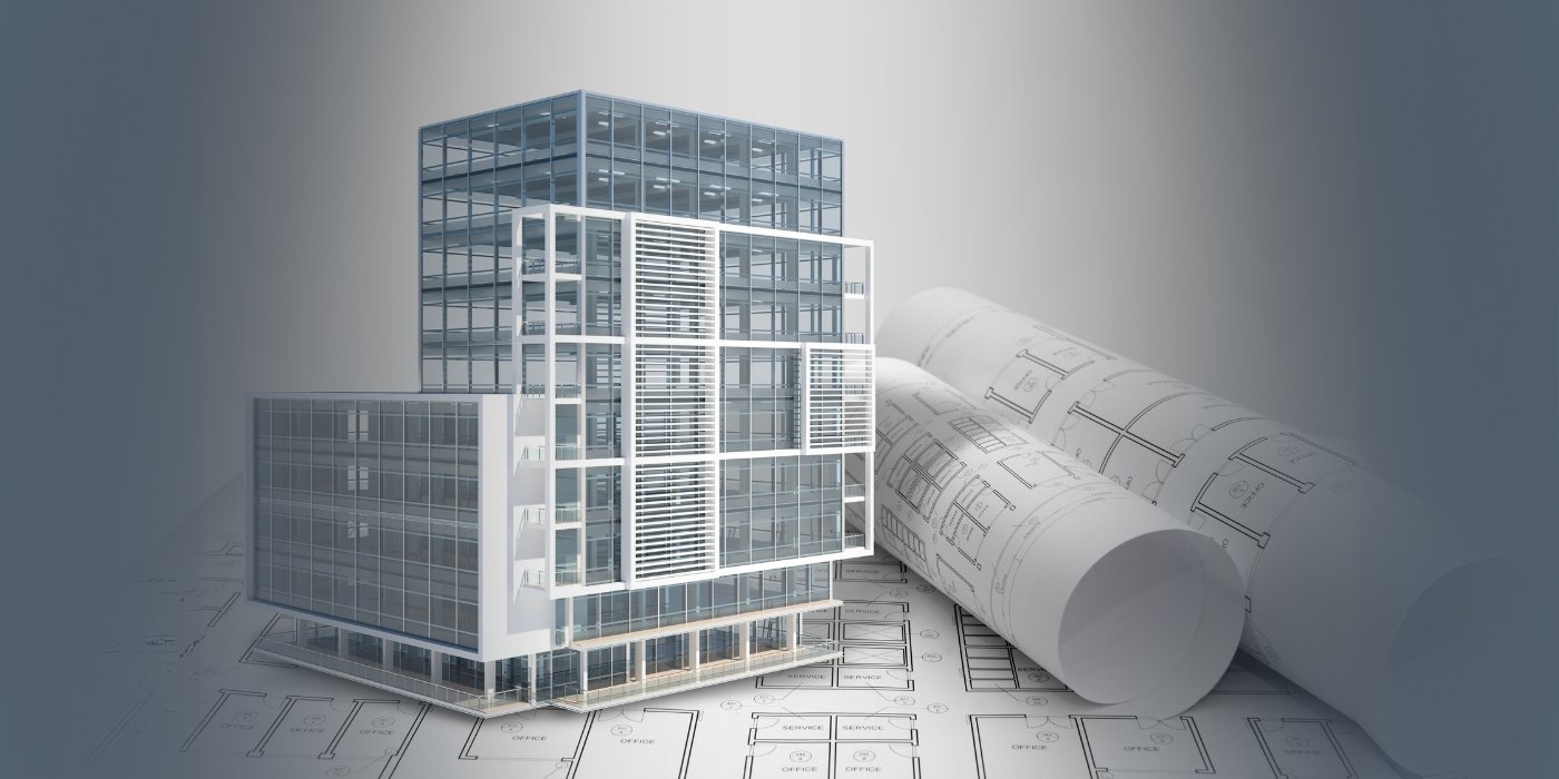 Imagen de una renderización de un edificio sobre un plano arquitectónico