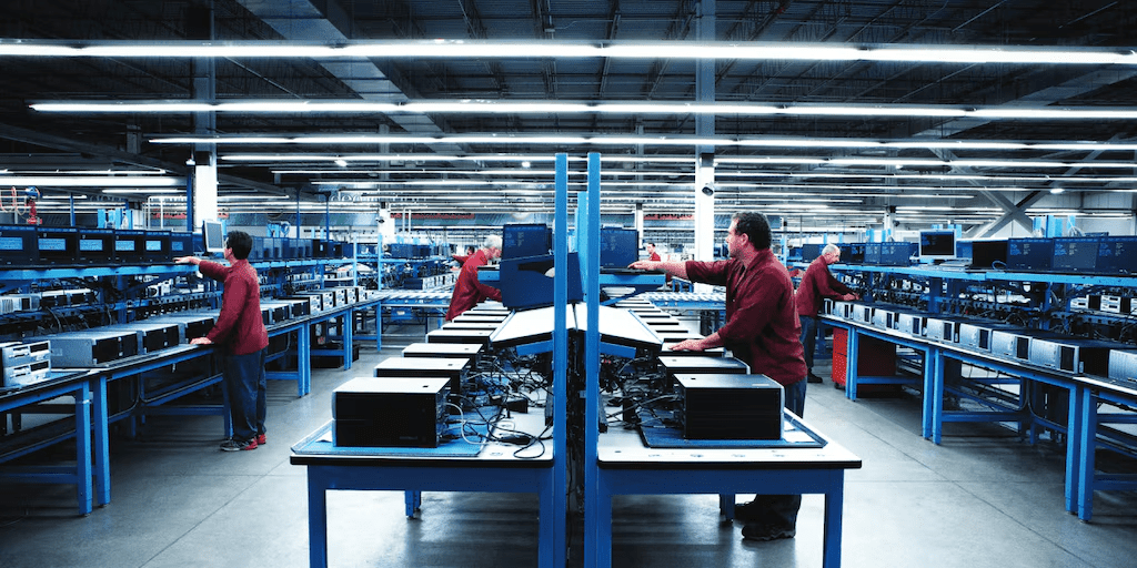 Trabajadores en la moderna instalación de fabricación de HP examinando equipos de computación